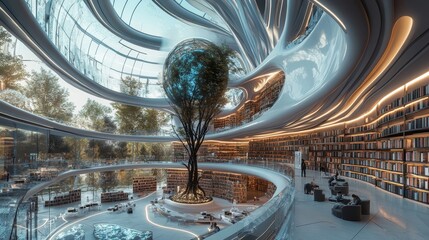 Modern library interior with a giant tree and a large globe growing inside, surrounded by bookshelves and glass walls, creating a unique and inspiring learning environment