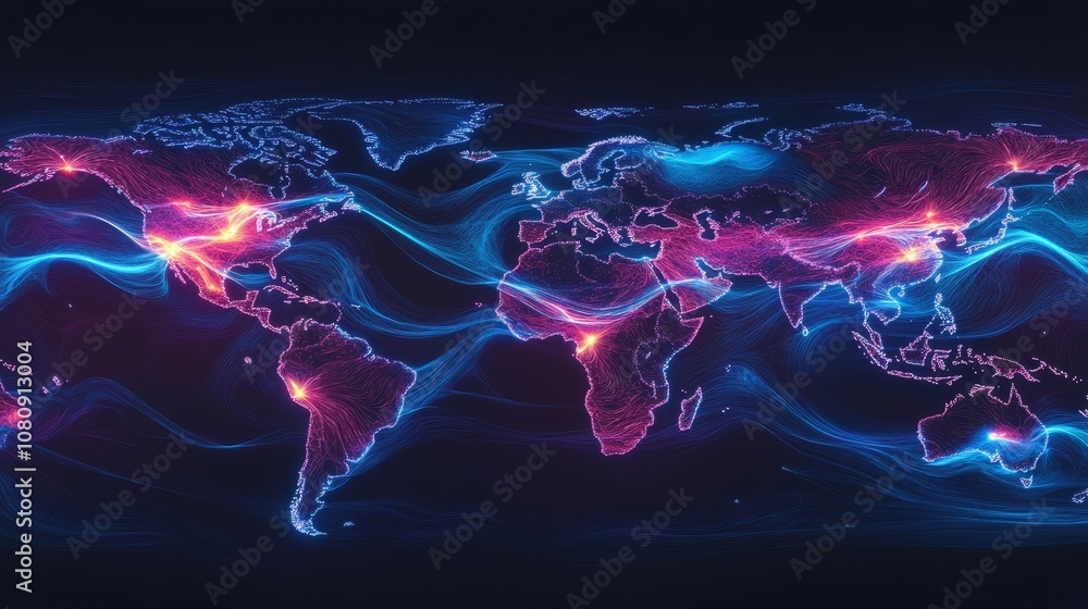 Poster information traveling across the world, connecting different continents with glowing lines, creating