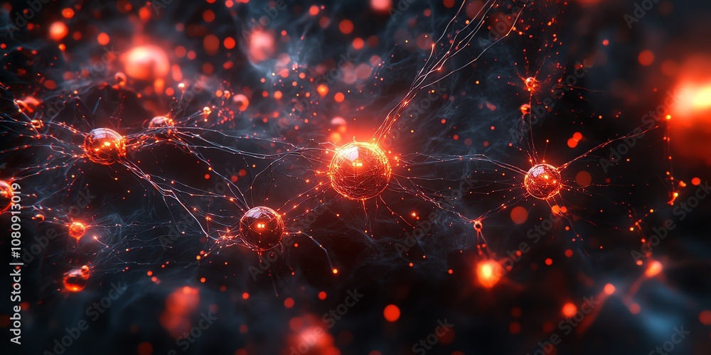 Poster Abstract network of glowing red spheres connected by thin lines with bokeh effect in a dark background.