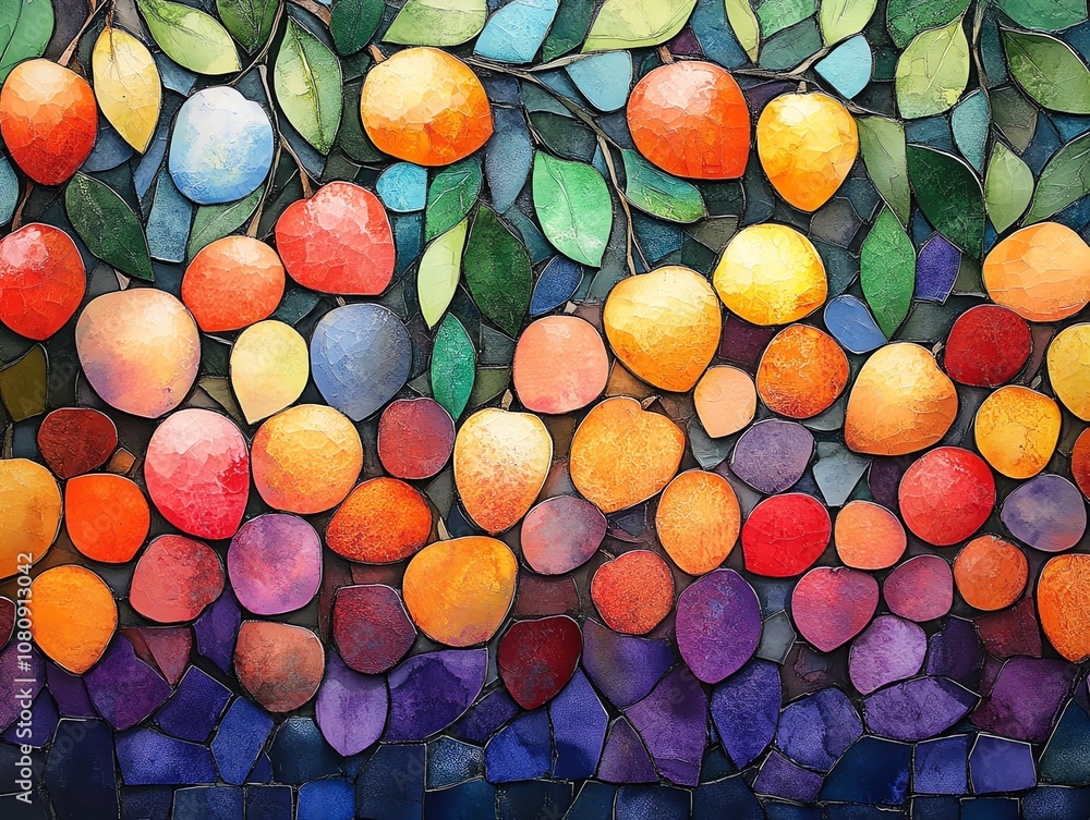 Aufkleber abstract mosaic artwork of a fruit tree with colorful leaves and fruit in a vibrant mosaic style.