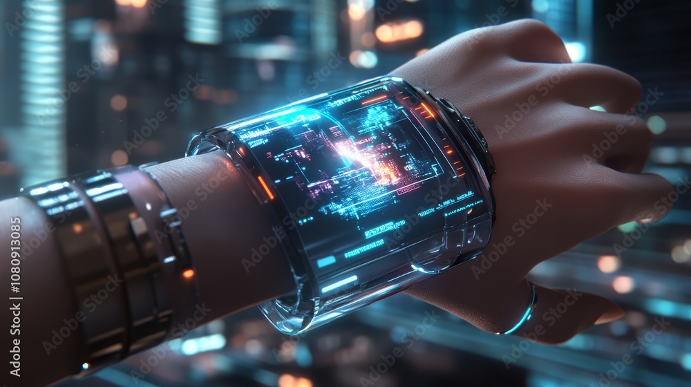 Poster close-up of a futuristic transparent smartwatch with holographic interface displaying data and infor