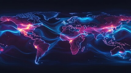Information traveling across the world, connecting different continents with glowing lines, creating a futuristic visualization of global communication
