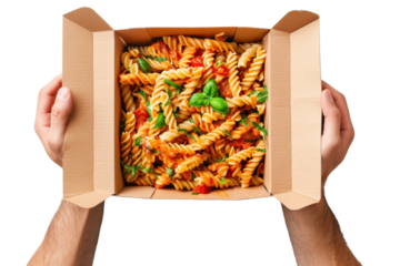 Top View of Pasta Box in Hands - Perfect for Commercials Isolated on Transparent or White Background