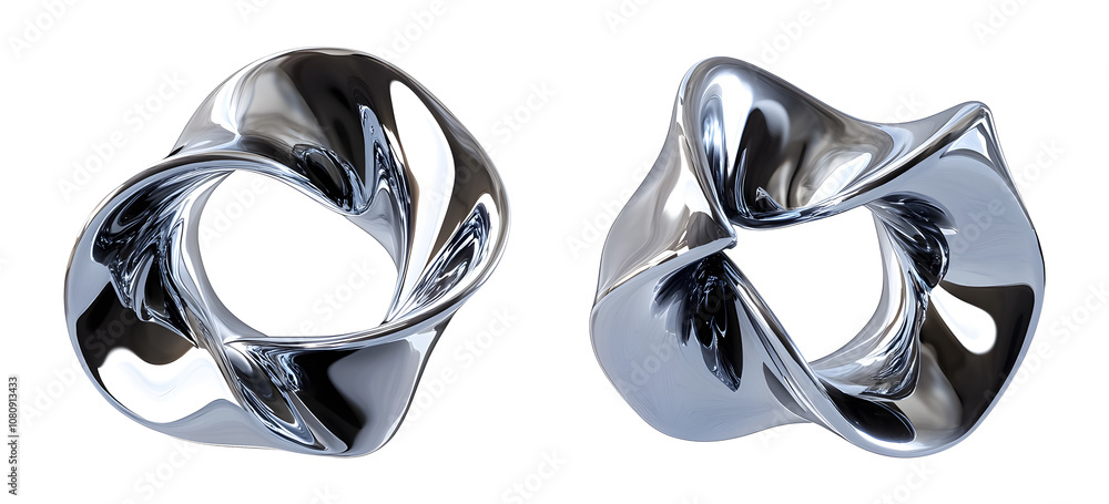 Fototapete set of 3d rendering twisted chrome metallic on a transparent background. isolated background.