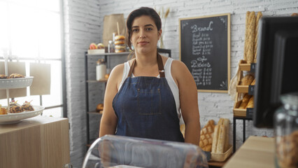 Woman working at bakery wearing apron standing near display of pastries with bread shelves in background.