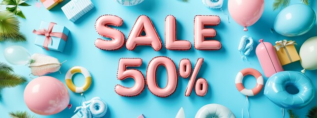 Bright and colorful sale announcement featuring pink balloons, gifts, and festive decorations, perfect for promotions, advertisements