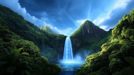 Fototapeta premium Lush Tropical Waterfall Landscape Serenity Nature Paradise