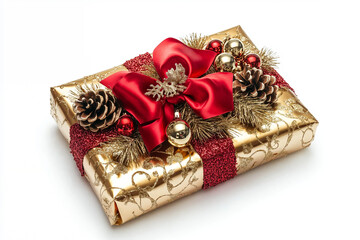 Gold Christmas Gift with Red Bow, Pinecones, and Ornaments