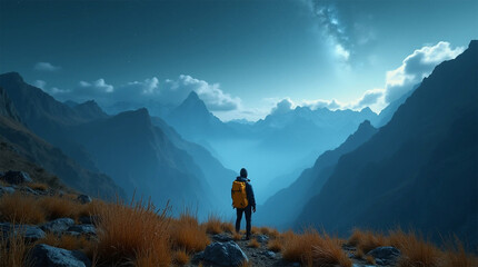 Fototapeta premium far silhouette hiker, trekking in the mountains with a backpack, night beautiful landscape, panorama cinematic