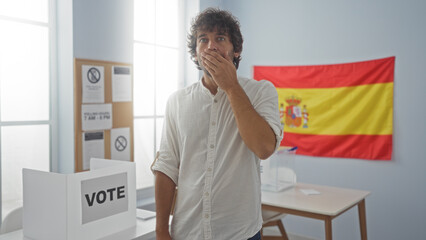 Young man in an electoral room with a spanish flag and voting booth, appearing surprised or...