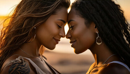 Two women share an intimate moment on the beach at sunset, reflecting intimacy, peace and harmony. A beautiful moment of affection and pride in their marital relationship.