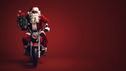 Fototapeta premium Santa rides motorbike with festive tree, holiday cheer