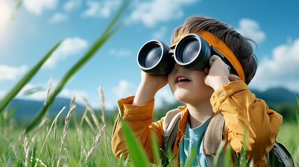 Young explorer enthusiastically observes nature with binoculars in a beautiful outdoor setting