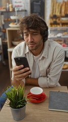 Young man wearing headphones and using a smartphone while sitting in a bakery with a cup of coffee and a potted plant on the table