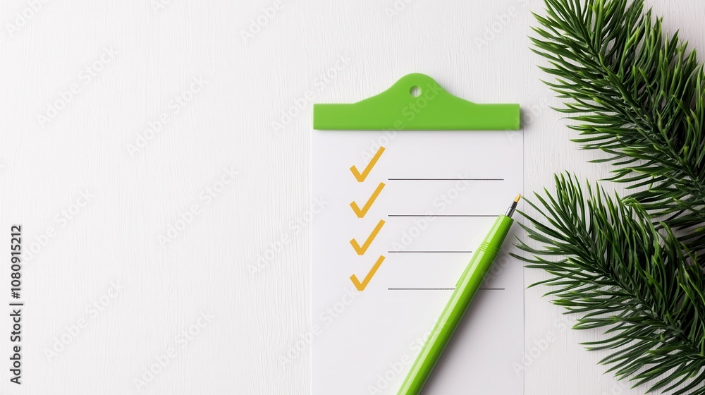 Poster keyword optimization a green notepad with checkmarks and a pen lies beside a pine branch on a textur