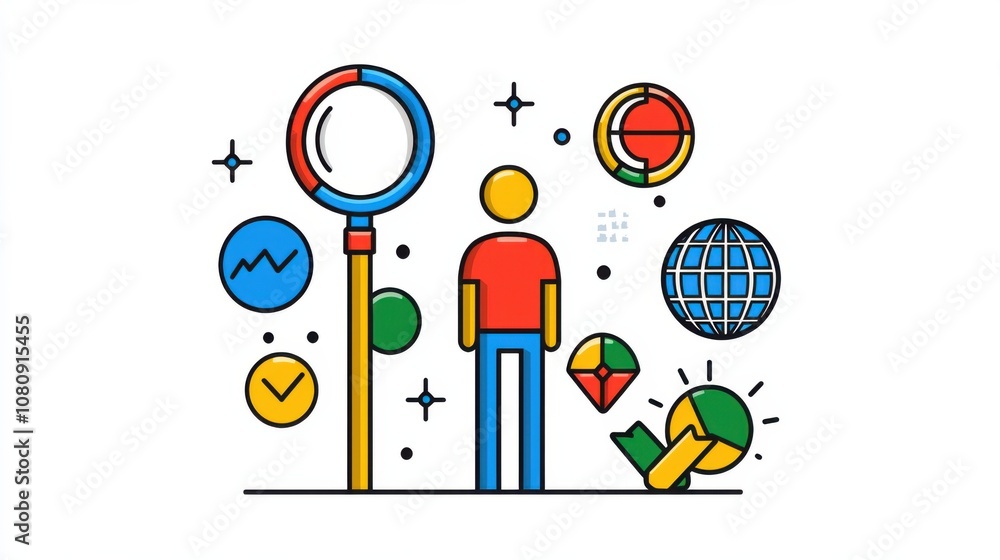Poster keyword optimization a colorful illustration depicting a person surrounded by various symbols repres