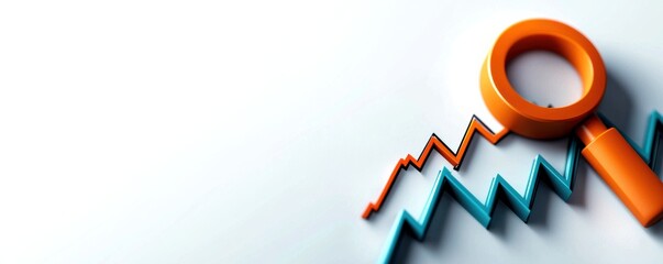 Keyword optimization A magnifying glass over a zigzag line graph, symbolizing analytics, research, or business insights in a modern design.