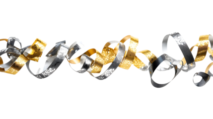 Silver and gold streamers for New Year’s 2025 celebration on a white background