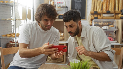 Men sitting together at a bakery cafe, looking intently at a smartphone screen, suggesting a close friendship or family bond