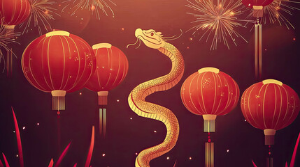 Illustration of Red and Gold Chinese Lanterns With Winding Golden Snake for New Year Celebration. Chinese New Year 2025 Background Illustration