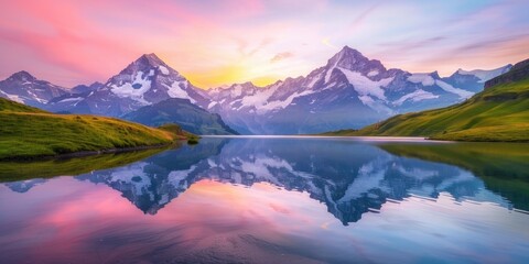 Switzerland Alps. Scenic Mountain View at Bernese Range above Bachalpsee Lake