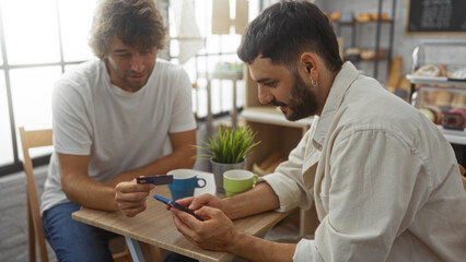 Obraz premium Two men talking and using a credit card and smartphone inside a bakery or cafe, emphasizing their friendship and the indoor setting with coffee cups and pastries in the background