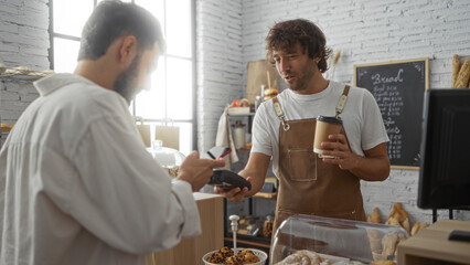 Man paying barista in bakery shop while holding coffee cup in interior setting