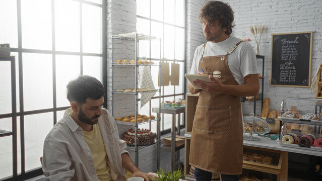 Man ordering at bakery counter as male baker in apron takes note, surrounded by shelves of pastries and cakes in bright interior