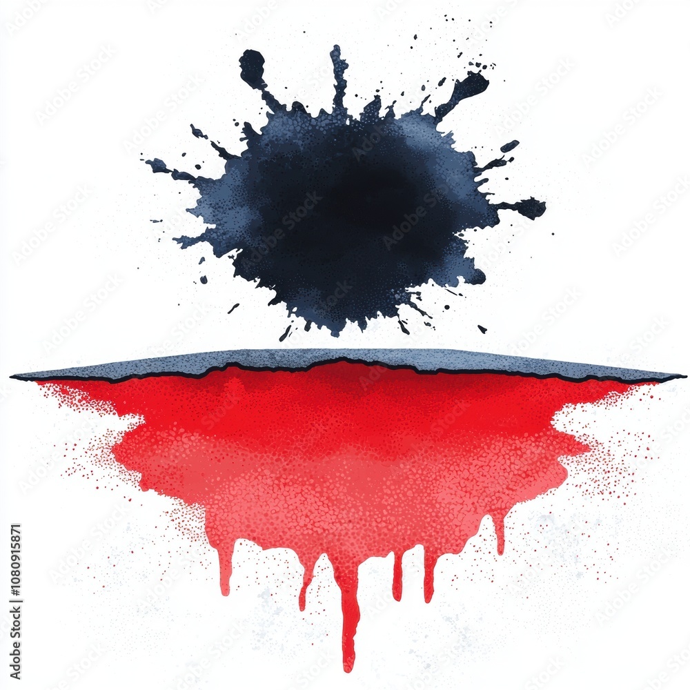 Poster abstract representation of dynamic elements with dark spheres, fluid spills, and vivid red and black