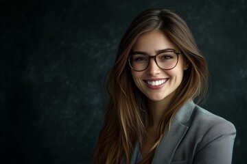 Fototapeta premium Professional portrait of a confident businesswoman in stylish glasses, showcasing beauty, elegance, and determination in a modern work environment, embodying career success and motivation