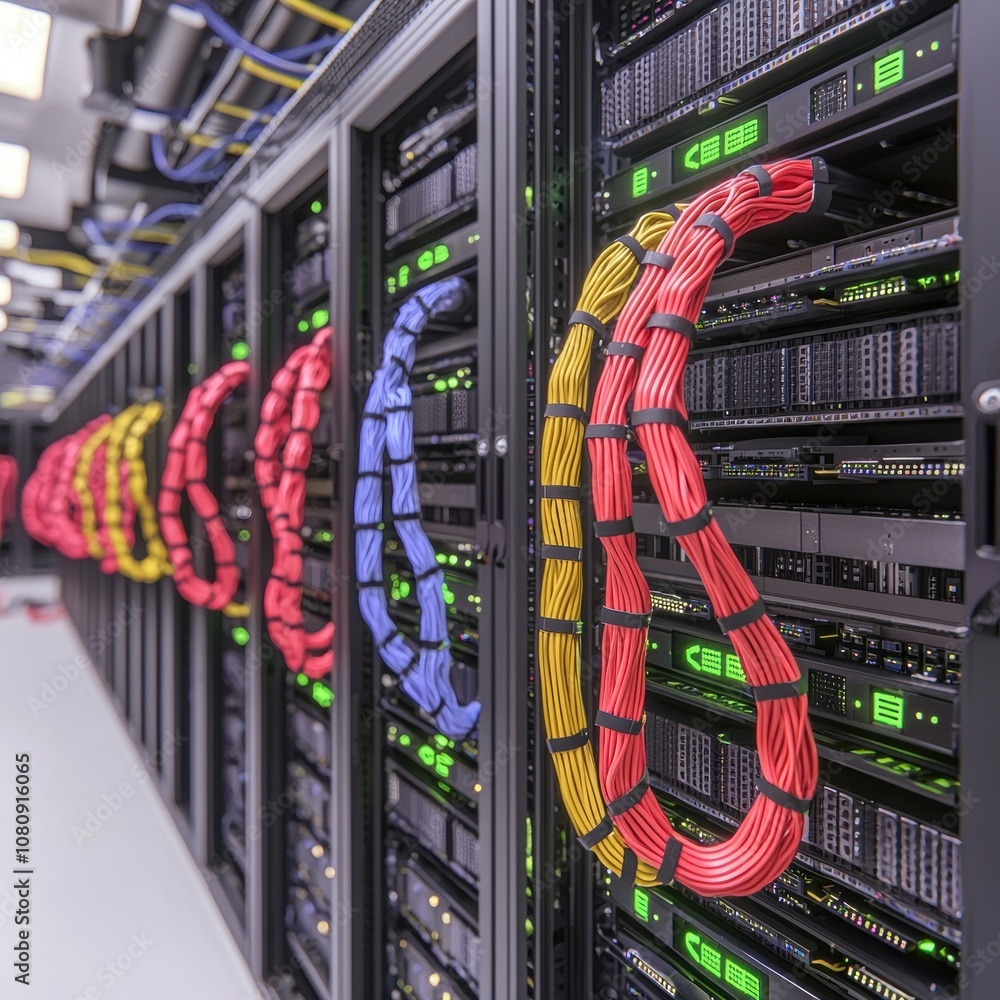 Aufkleber colorful network cables in a server room with multiple racks of high-tech data equipment showcasing 