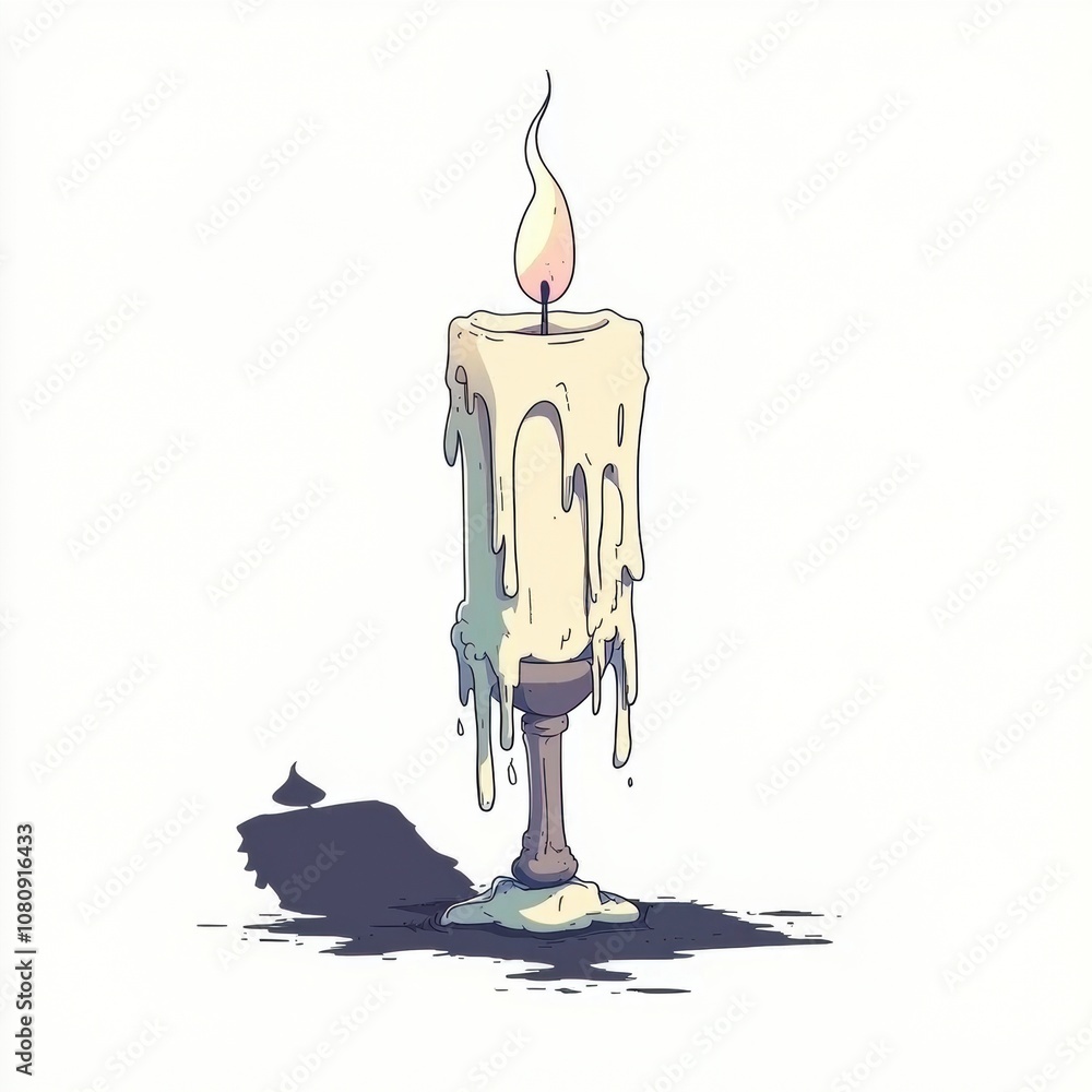 Poster dripping wax candle with flickering flame creating a soft glow in an artistic illustration, capturin