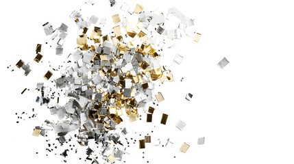 Scattered '2025' confetti pieces in gold and silver on a plain white background, no shadows