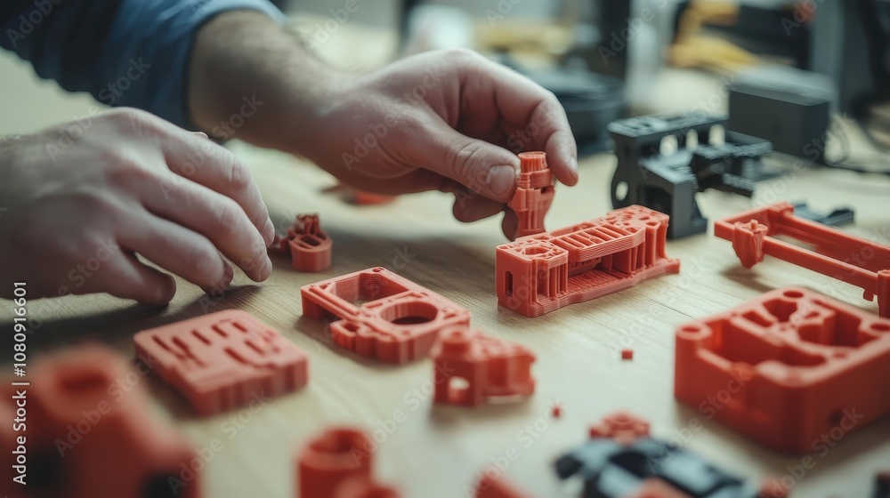 Poster worker assembling 3d-printed parts into a functional