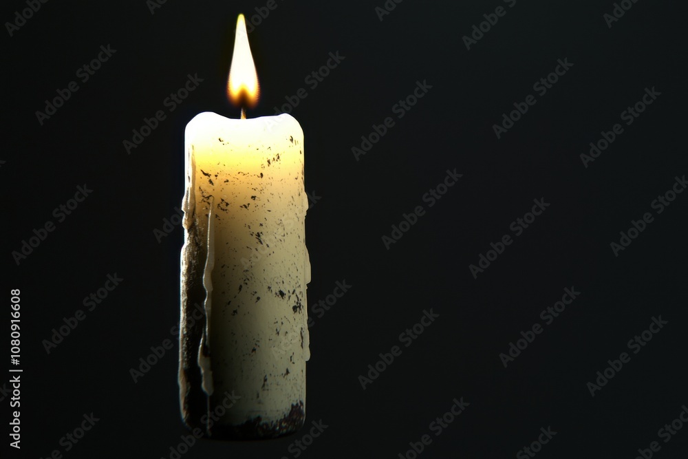 Poster candle with flickering flame and wax drips illuminating dark background, creating a calming and sere
