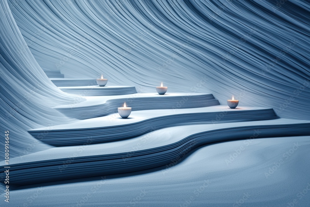 Poster serene pathway of light: an ethereal journey through silken blue waves with illuminated candles crea