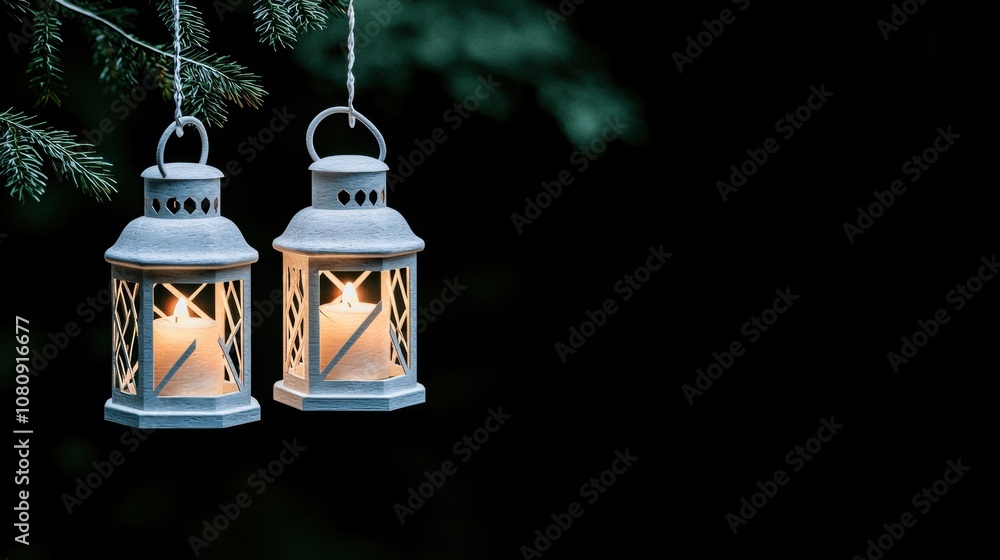 Poster rustic lanterns hang from pine branches illuminated by flickering candles in a serene, dark evening 