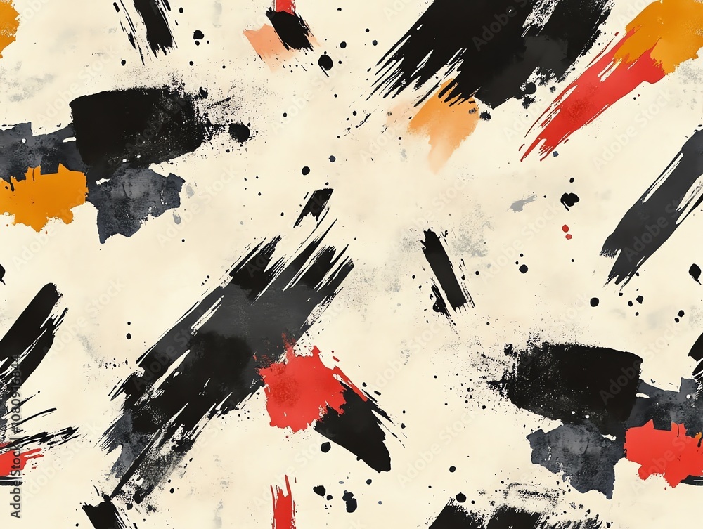 Poster abstract seamless pattern with black, red, and orange brushstrokes and splatters on a beige backgrou