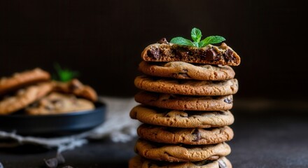 Chocolate chip cookies stack with mint leaf on dark background