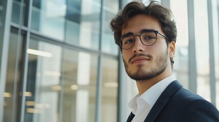 Fototapeta premium Portrait of a Young Businessman Exuding Confidence and Success in a Modern Office Environment with Stylish Attire and Professional Appearance