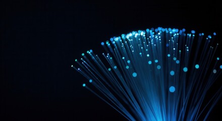 Glowing blue fiber optic cables on dark background