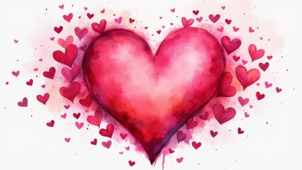 Obraz premium Watercolor postcard of a large pink heart and many small hearts on a white background. Congratulations on Valentine's Day.
