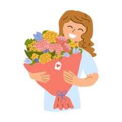 Smiling woman holding bouquet of colorful flowers with heart tag.