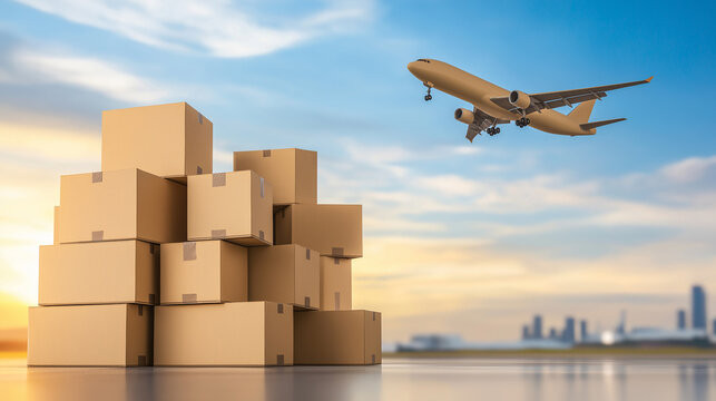 Air Freight Delivery: Packages taking flight. A stack of cardboard boxes sits on a runway as a passenger plane takes off against a vibrant sunset backdrop. This image embodies global trade.