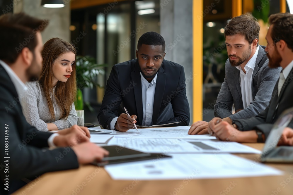 Poster in a dynamic business meeting, diverse professionals collaborate effectively towards shared objectiv
