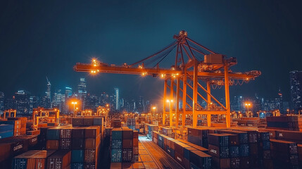 Obraz premium Night at the Docks: Cargo Containers and Cranes under City Lights 