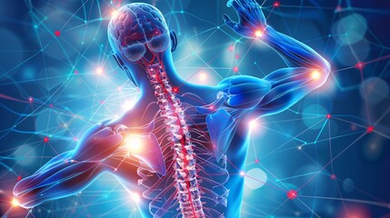 Illuminated human nervous system with glowing neuron connections and dynamic digital impulses representing the complex neurological processes and communication in the body