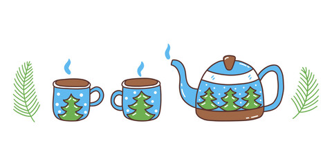 Tea set, teapot and mugs with hot drink with winter print. Winter season. Spruce branches. Colorful vector isolated illustration hand drawn doodle. Cozy warm atmosphere