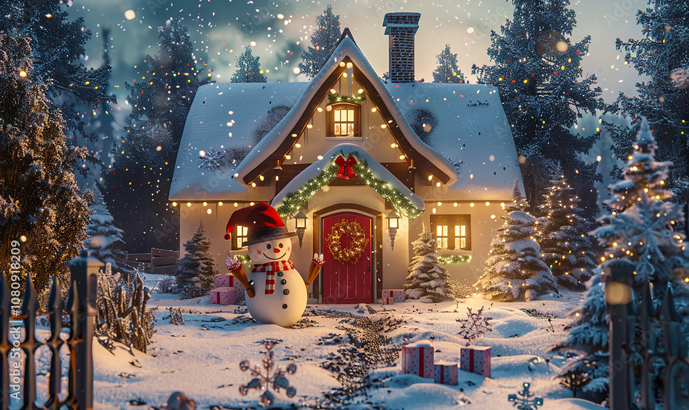 Poster a snowman stands in front of a house with a red door and a wreath on it. the scene is set in a snowy