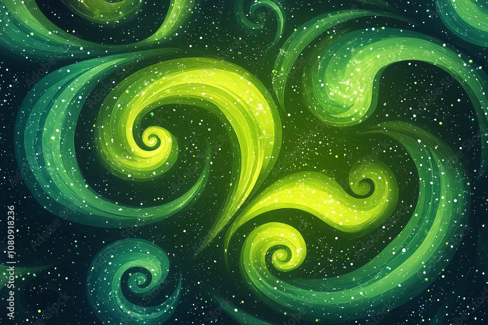 Poster abstract swirling green and yellow design on a dark background with scattered white dots.